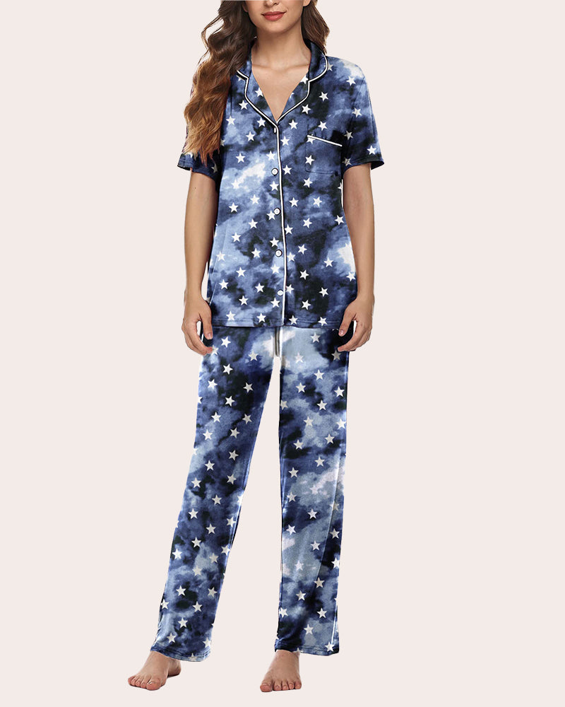 Blue Star Print Notch Collar Pajamas Set. Soft and comfy sleepwear for women.