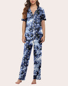 Blue Star Print Notch Collar Pajamas Set. Soft and comfy sleepwear for women.