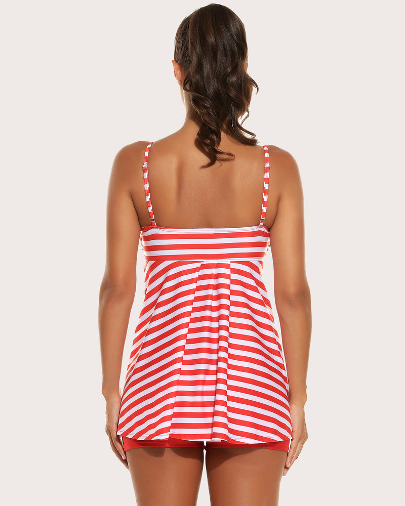 Red and white striped tankini swimsuit set for women. Adjustable straps and stylish swimwear.