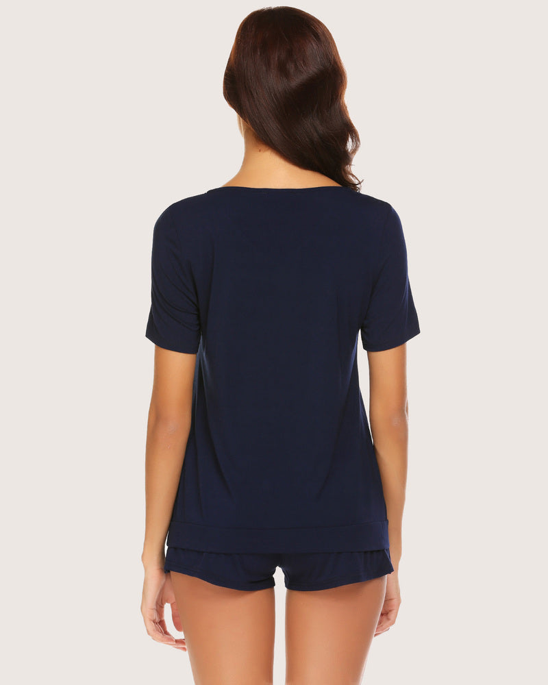 Navy short sleeve pajama set for women, rayon and spandex blend, comfortable loungewear