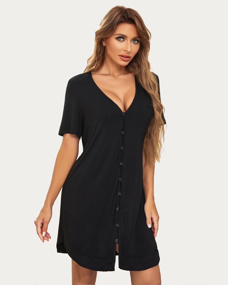 Black short sleeve V-neck boyfriend nightshirt, comfortable sleepwear and maternity dress