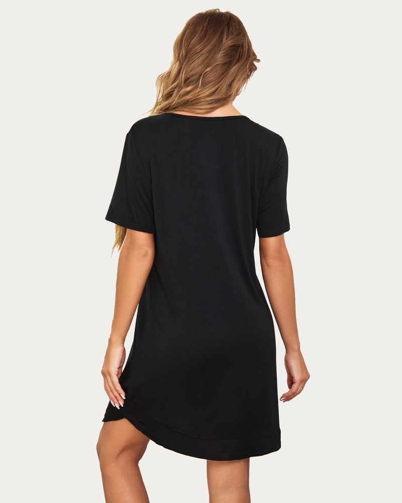 Black short sleeve V-neck nightshirt, comfortable sleepwear and maternity dress from Avidlove