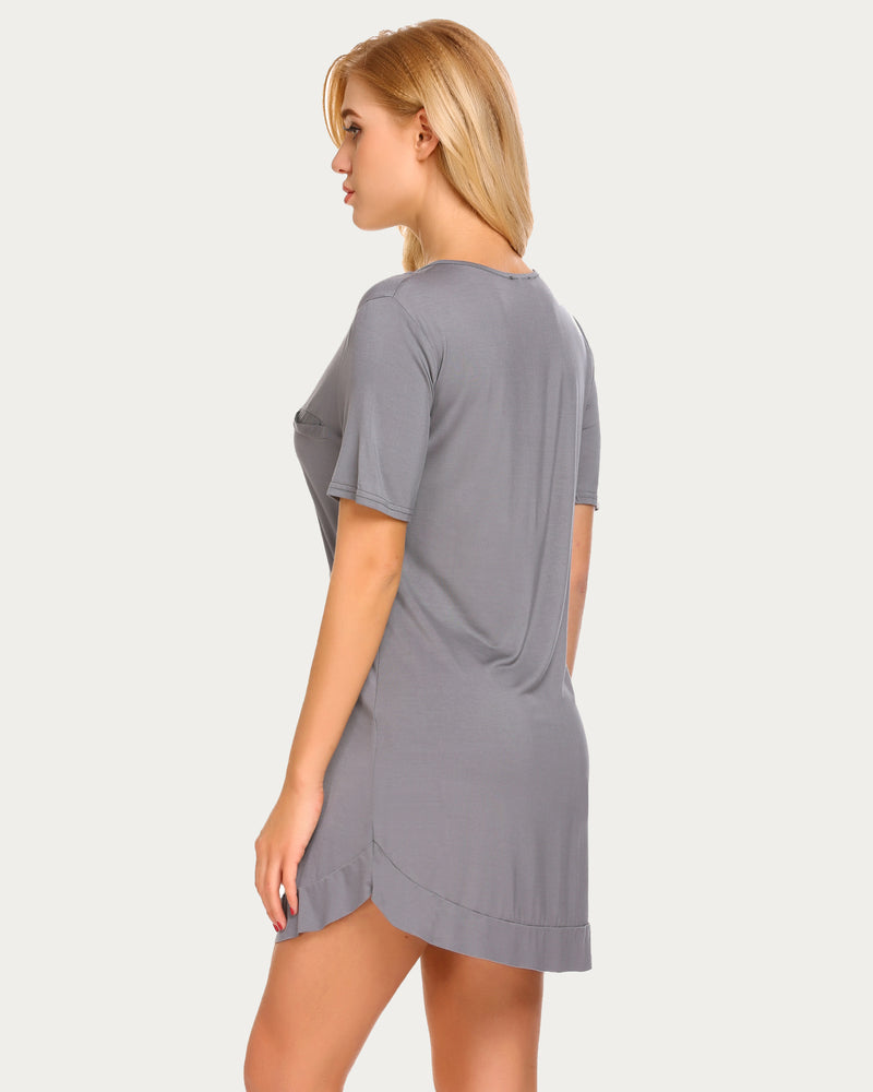 Gray V-neck short sleeve nightshirt, casual pajama dress for women, comfy maternity sleepwear.