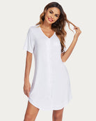 White button-down V-neck nightshirt, short sleeve pajama dress. Comfortable sleepwear for women.