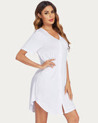White V-neck button-down nightshirt, casual pajama dress for women, comfy sleepwear.