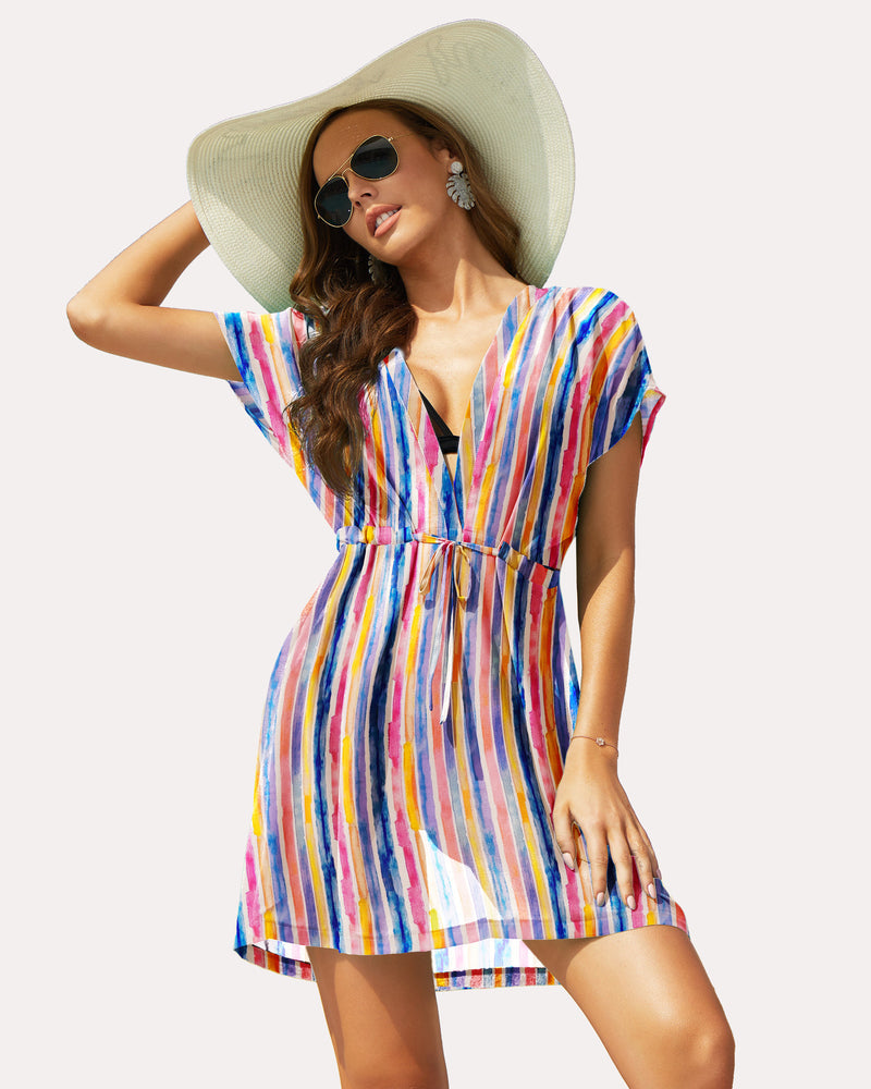 Colorful striped chiffon cover-up, deep V-neck. Summer beach essential for confidence.