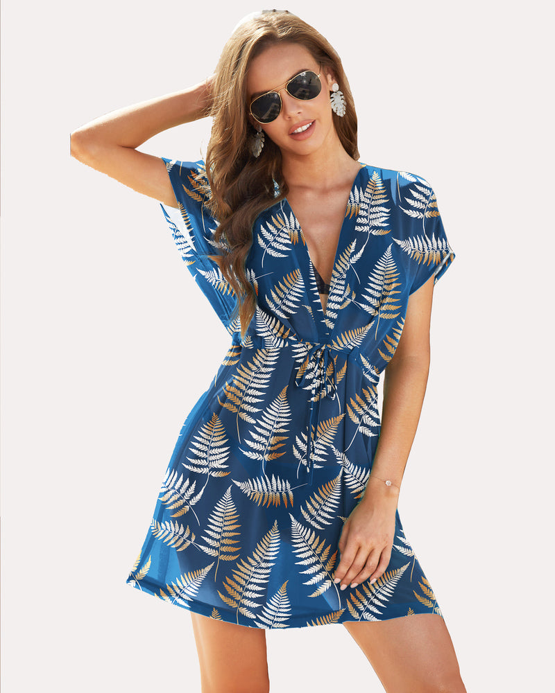 Navy chiffon beach coverup with leaf print, deep V-neck, drawstring waist - summer wear