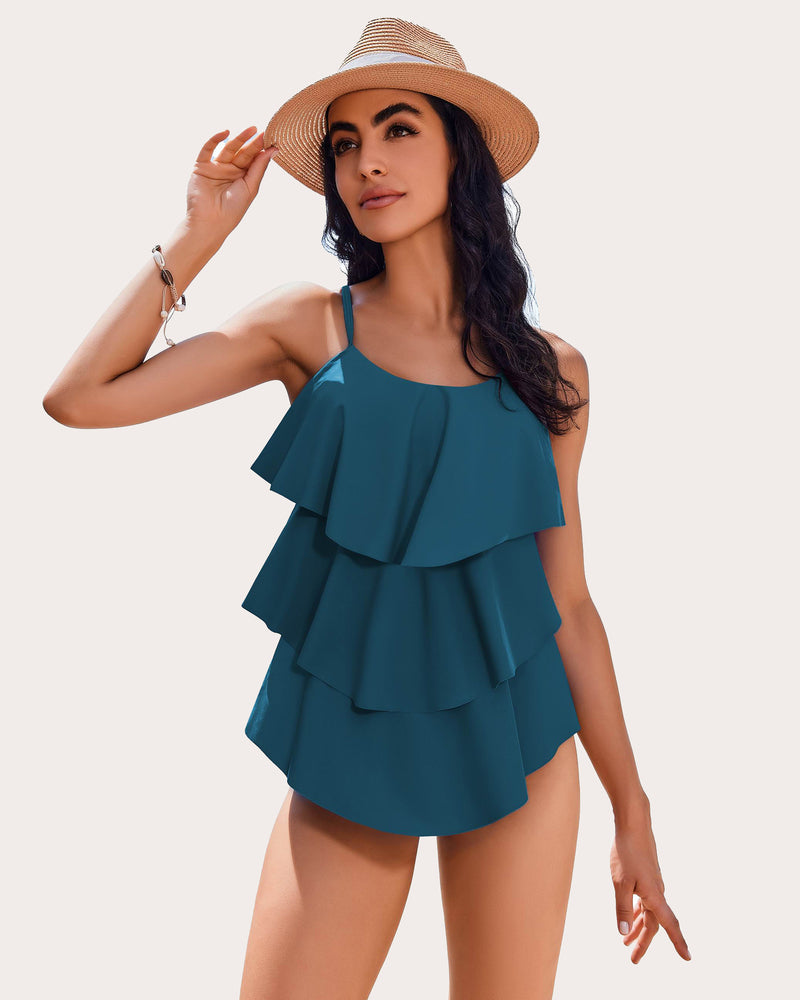 Teal ruffle tankini swimsuit for women, layered design, beachwear, adjustable straps, two-piece set