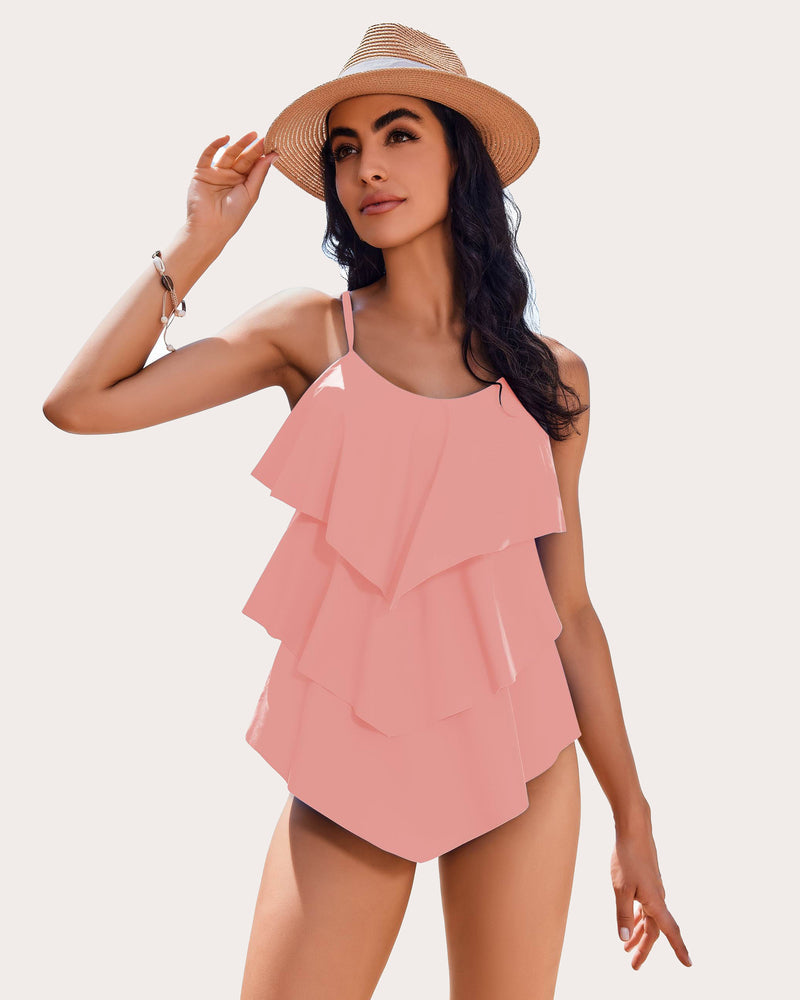 Coral Ruffle Layered Tankini Swimsuit with Adjustable Straps for Women. Beachwear Ready.