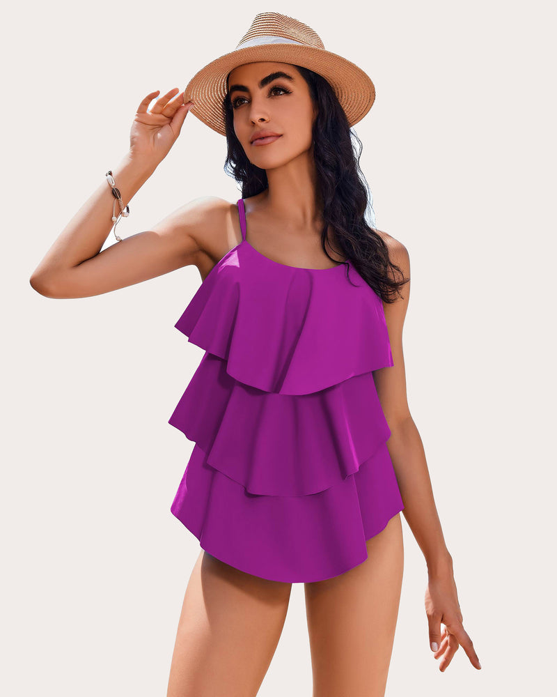 Magenta Ruffle Tankini Swimsuit, Layered design. Adjustable straps, beachwear ready for women.