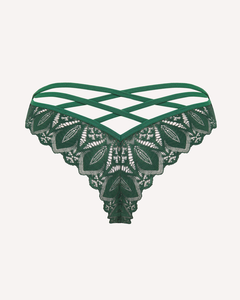 Avidlove green lace cheeky panties with criss-cross back, wavy trim. Comfortable and sexy lingerie.