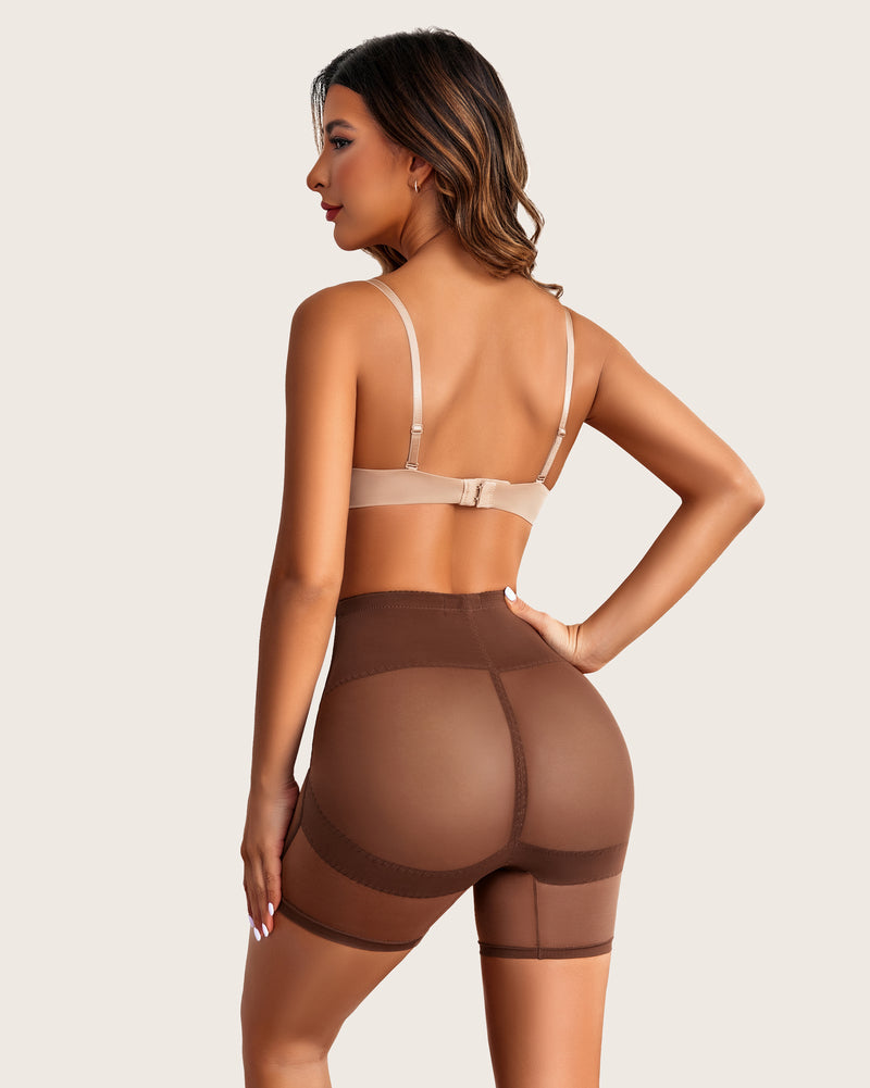Brown high-waisted shapewear shorts with tummy control and butt lift, smoothing silhouette under bra