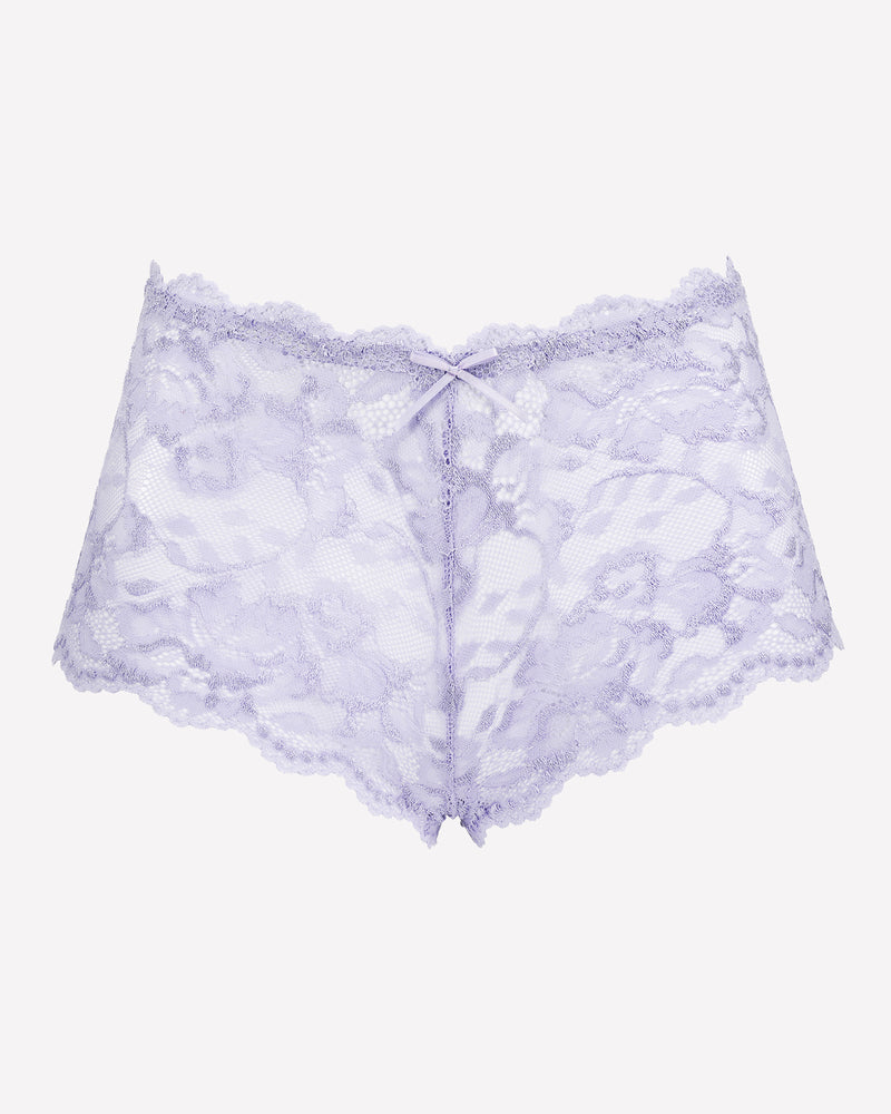 Lavender Avidlove floral lace mid-rise panties, soft stretch, delicate lace trim, and small bow.