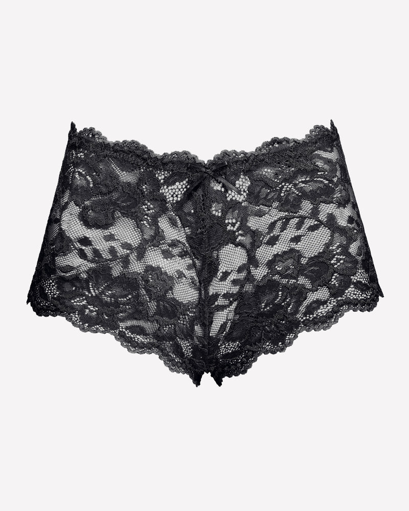 Black Avidlove floral lace mid-rise panties; soft stretch, delicate lace trim, and small bow detail.