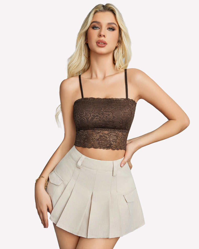 Brown lace bralette with adjustable straps and beige pleated skirt, a sexy Avidlove lingerie look.