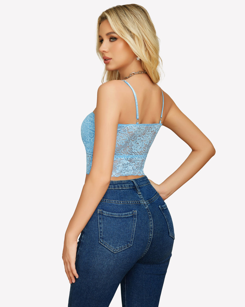 Blue lace bralette, adjustable straps, paired with jeans. Sexy lingerie.