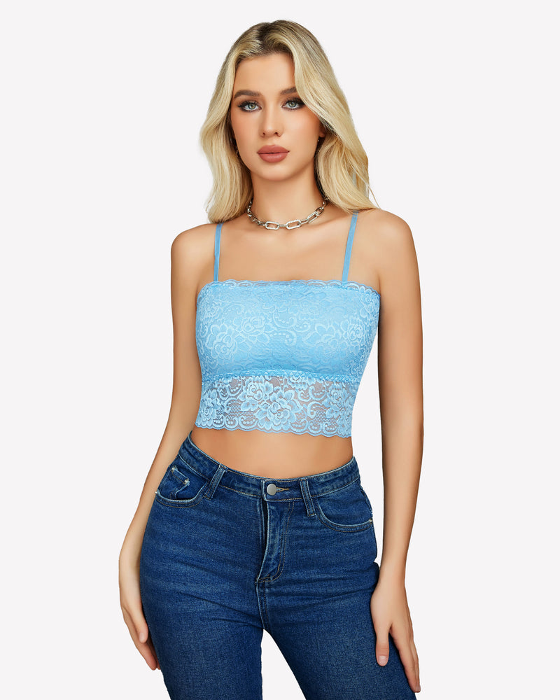 Blue lace bralette with adjustable straps and denim jeans. Sexy and fashionable lingerie.
