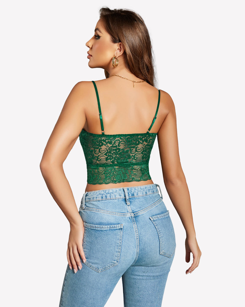 Green lace bralette with adjustable straps and jeans. Sexy Avidlove lingerie.