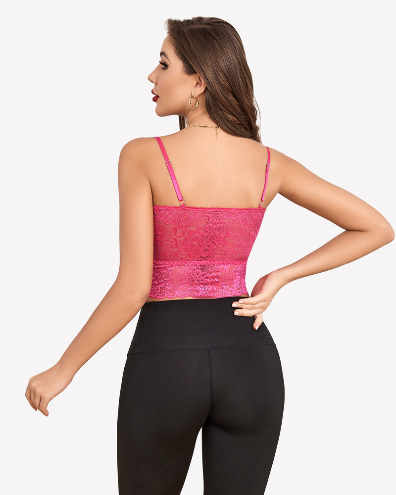 Pink lace bralette with adjustable straps and black leggings. Sexy Avidlove lingerie.