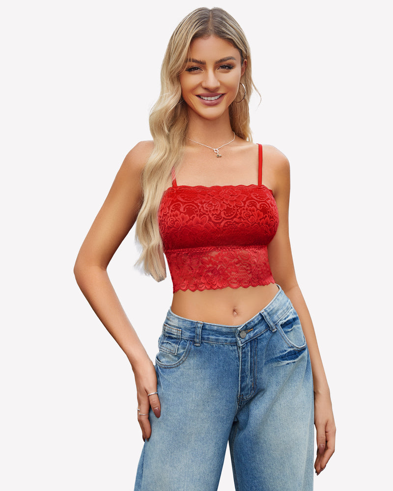 Red lace bralette with adjustable straps, paired with blue jeans. Sexy and fashionable lingerie