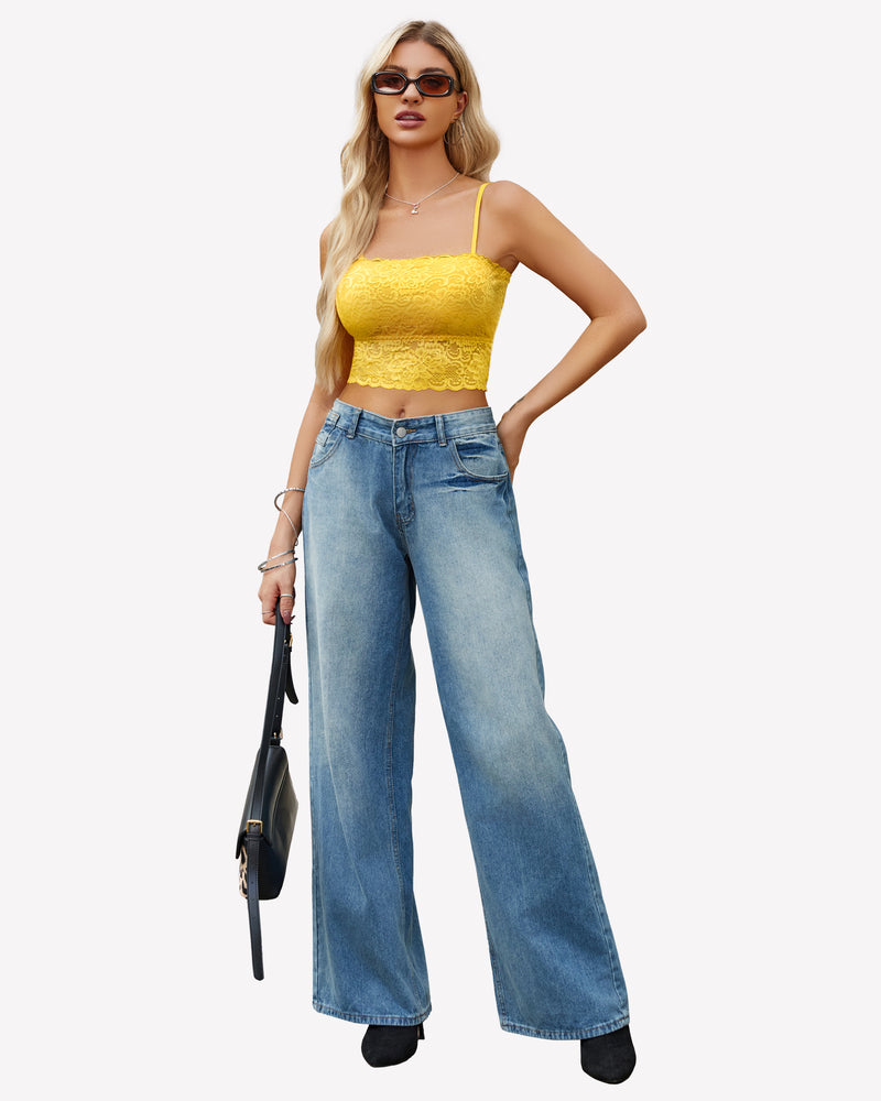 Yellow lace bralette with adjustable straps and blue jeans. Fashionable lingerie from Avidlove.