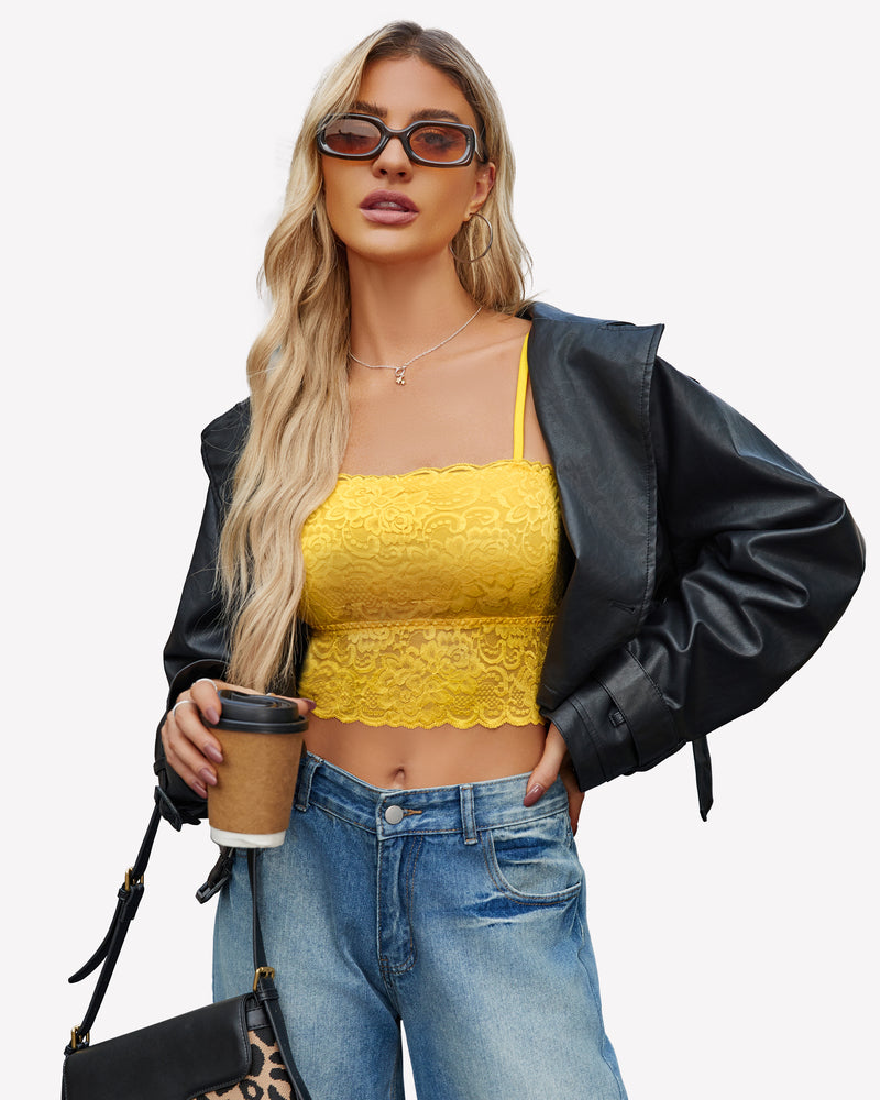 Yellow lace bralette with blue jeans, leather jacket and sunglasses. Sexy lingerie style.