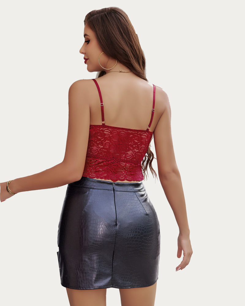 Red lace bralette and black mini skirt. Sexy and fashionable lingerie look.