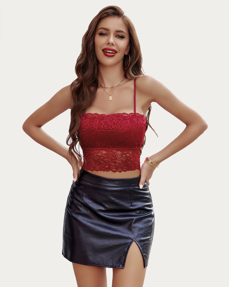 Red lace bralette and black mini-skirt. Sexy Avidlove lingerie look.