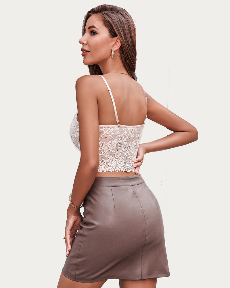 Ivory lace bralette top with brown skirt, elegant lingerie, V-neck design, sexy style