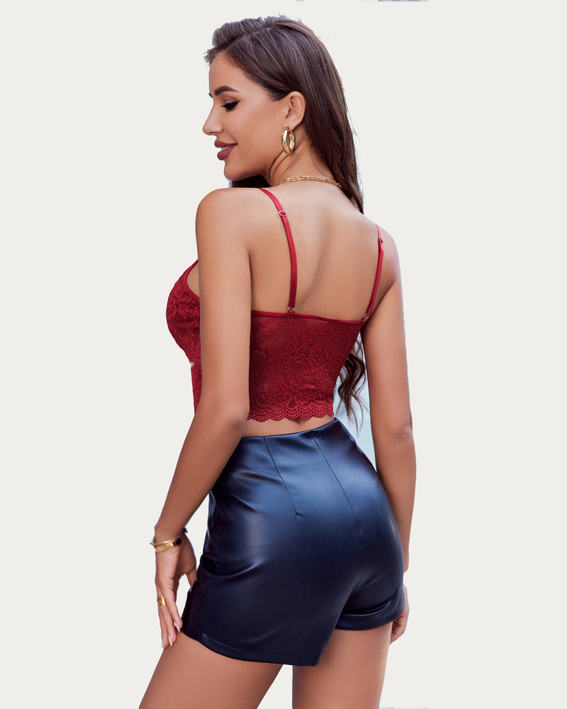 Burgundy lace bralette by Avidlove, paired with black shorts. V-neck, floral lace, sexy lingerie.