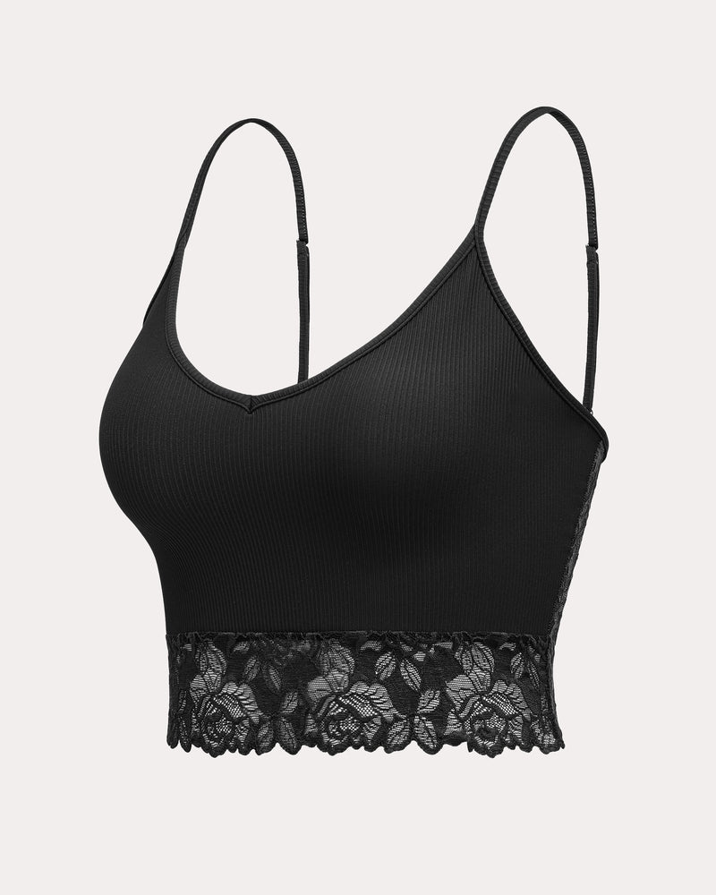 Black lace trim V-neck crop top. Spaghetti strap ribbed camisole, a sexy lingerie choice.