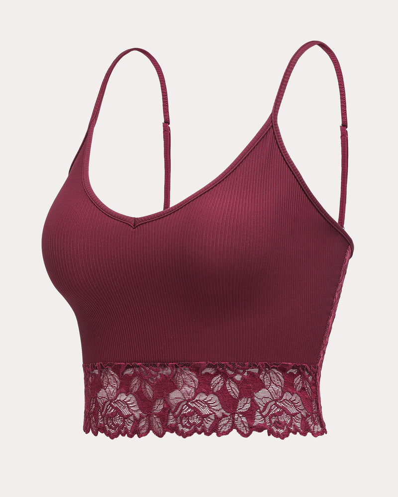 Burgundy ribbed tank top with lace trim and spaghetti straps, V-neck crop camisole, elegant lingerie