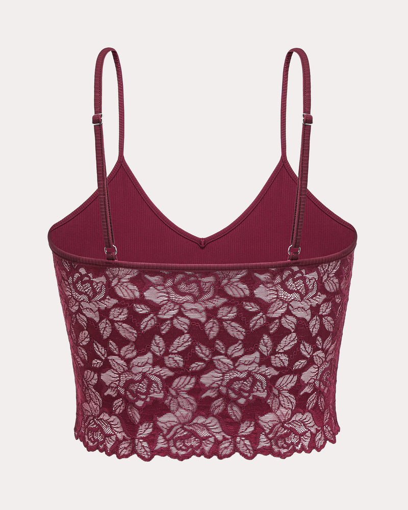Burgundy lace bralette crop top with V-neck and adjustable straps