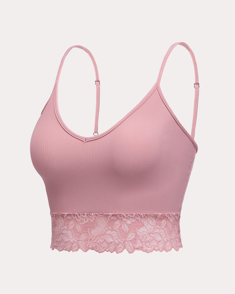Dusty rose ribbed tank top with lace trim, spaghetti straps, and V-neck. Sexy lingerie crop top.