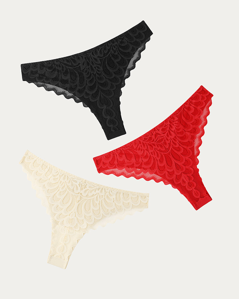 Avidlove Lace No Show Hipster Panties in Black, Red and Cream. Sexy, breathable thong underwear.