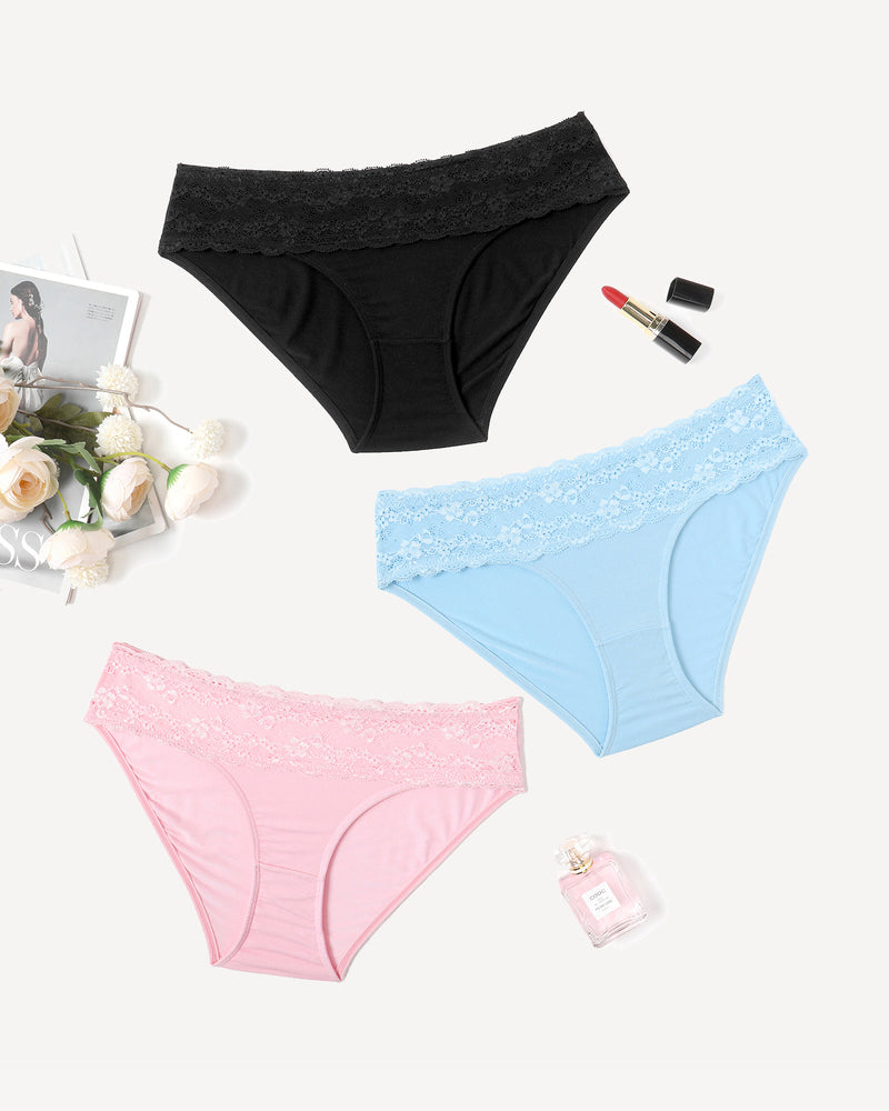 Seamless hipster panties with lace waistbands in pink, black, and light blue. Soft & comfortable.