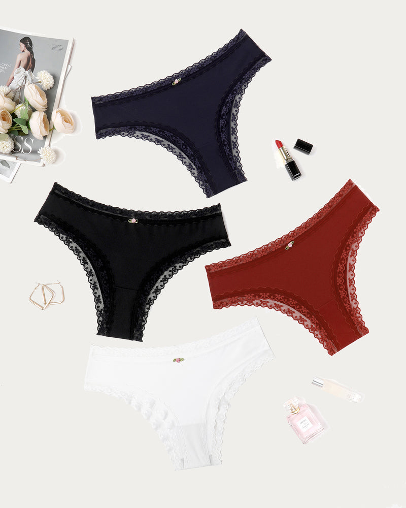 Avidlove hipster panties in black, navy, red, and white with lace trim and floral bow details
