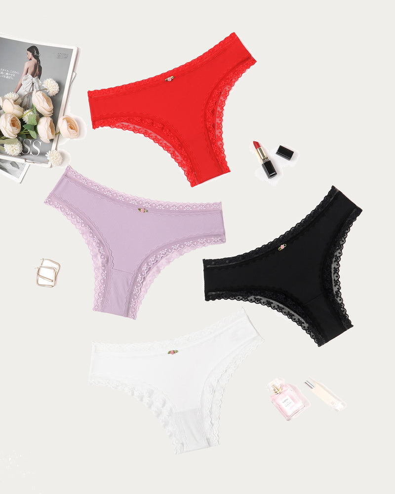 Avidlove lace trim hipster panties in red, lilac, black, and white. Brief underwear for women.
