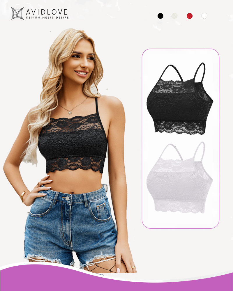 Avidlove lace crop top, model wearing black version. 2-pack wireless bralette, delicate lace design.
