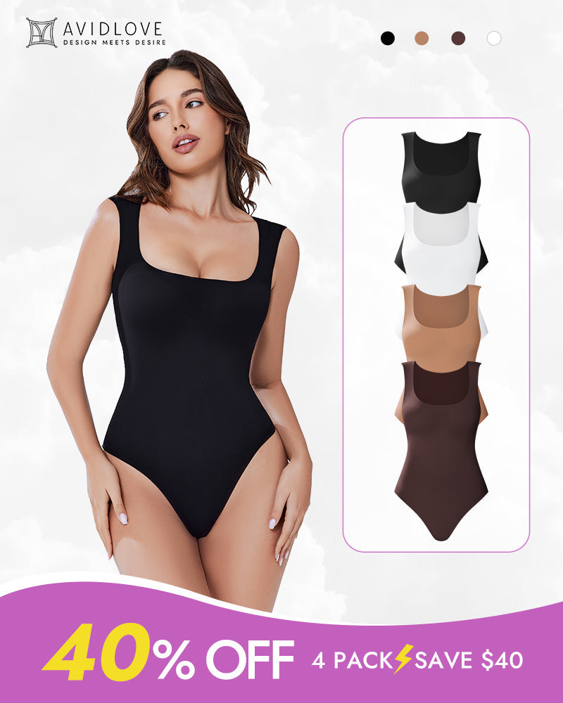 Avidlove bodysuit: Black square neck, showcasing colors, 40% off 4-pack, highlighting bodyline.