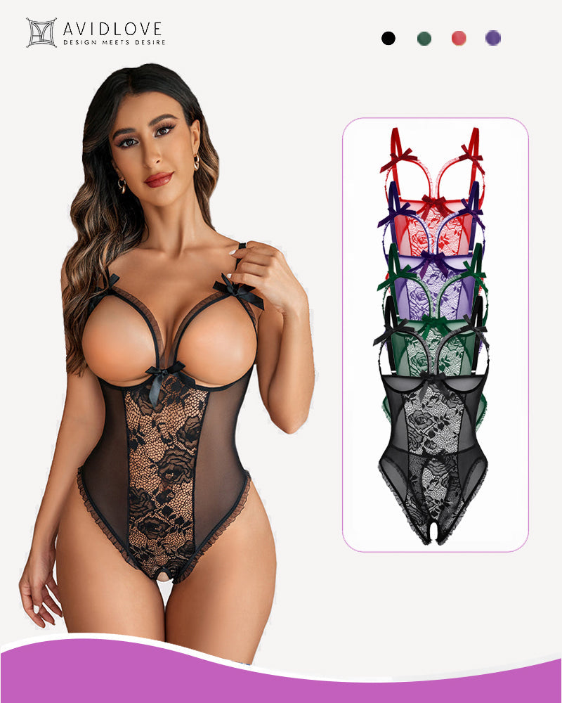 Avidlove black crotchless lingerie with lace and bow details; Available in red, purple, and green.