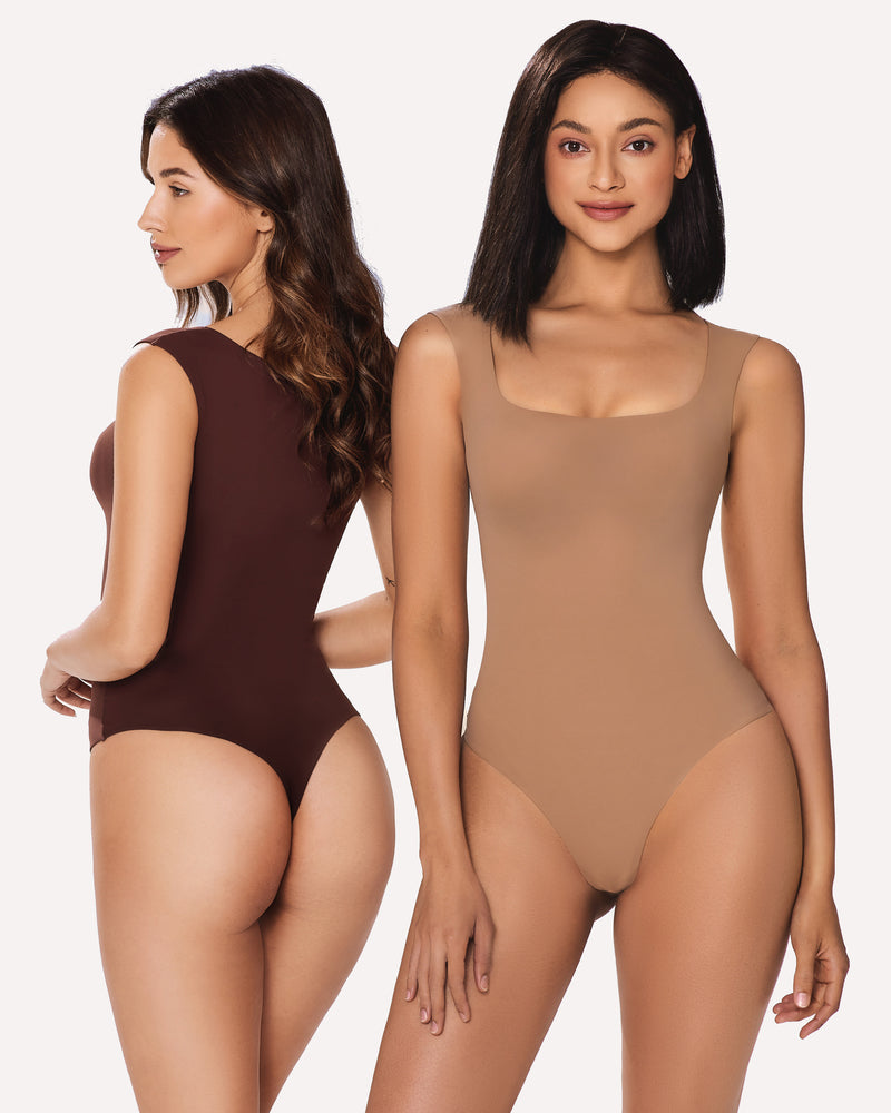 Avidlove square neck bodysuits in brown and tan, form-fitting shapewear for women, showing bodyline.