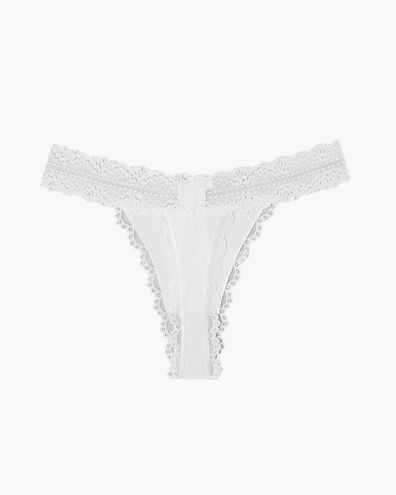 Avidlove white lace thong panties with ribbed fabric. Sexy, comfortable lingerie.