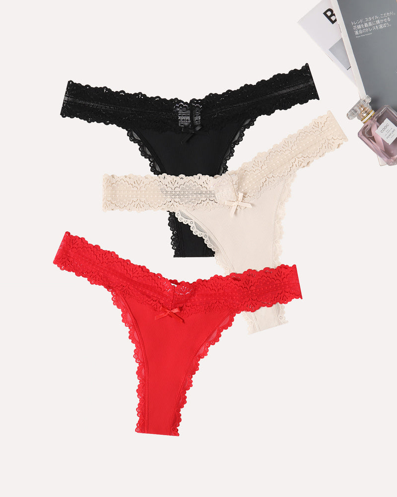 Avidlove Thong Panties Set: Black, Beige, and Red Lace Waist Ribbed T-Back Lingerie
