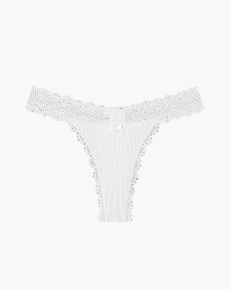 White lace waist thong panties by Avidlove. Ribbed fabric and bow detail. Sexy lingerie.