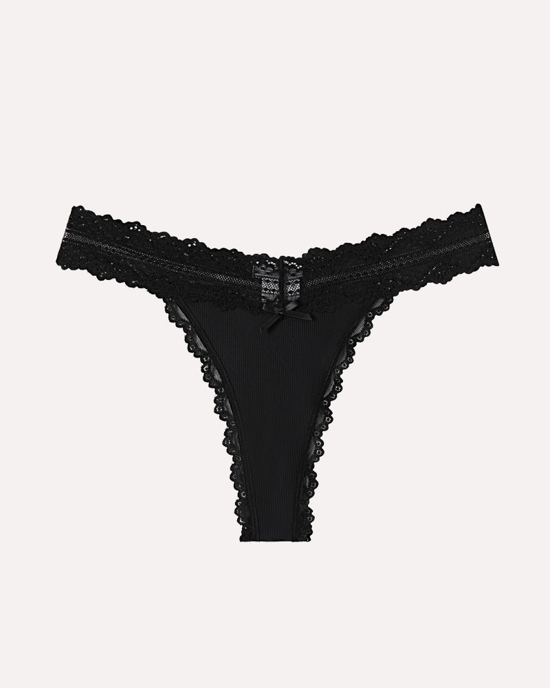 Avidlove black lace thong panties with ribbed fabric and bow detail. Comfortable and sexy lingerie.