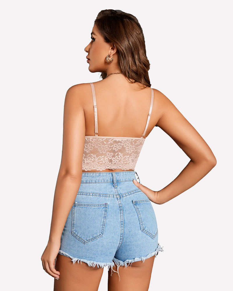 Nude lace bralette crop top with denim shorts. Sexy floral lace lingerie with adjustable straps.