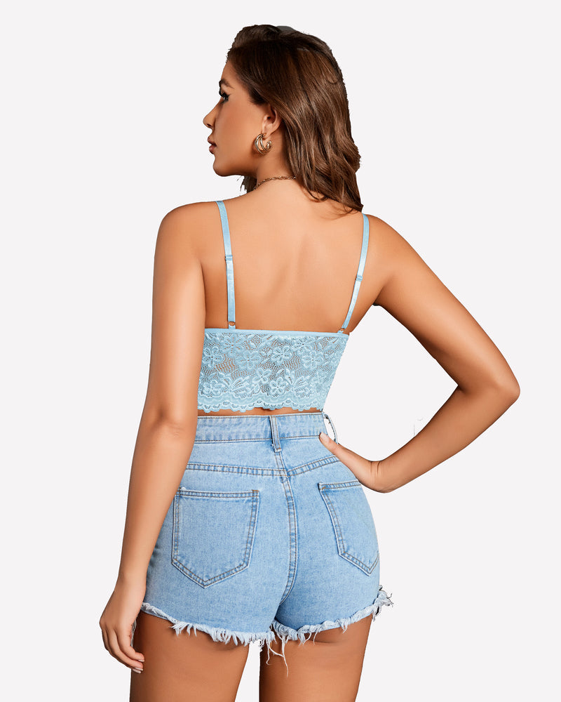 Light blue lace bralette paired with denim shorts. Sexy and stylish.