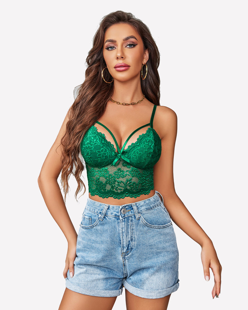 Green lace bralette crop top, denim shorts. Sexy lingerie with adjustable straps for women.
