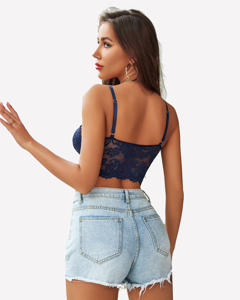 Navy blue lace bralette crop top with denim shorts. Sexy lingerie for women.